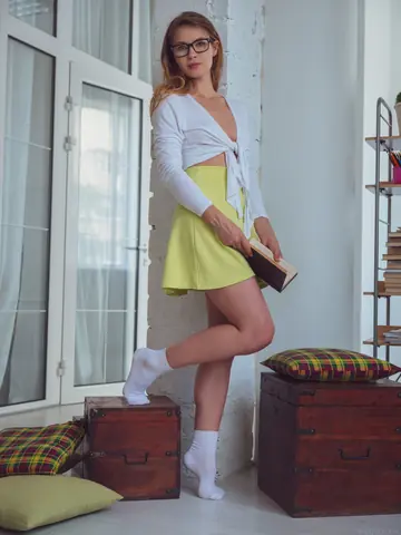 Hilary C – Petite Busty Brunette in Glasses and Socks Spreads Her Hairy Pussy