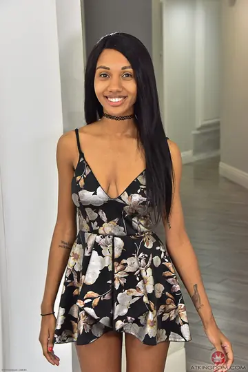 Slim Ebony Brunette with Big Natural Tits Spreads Her Pussy
