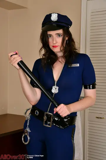 Chloe Faye – Busty Brunette MILF in a Police Uniform Strips and Spreads