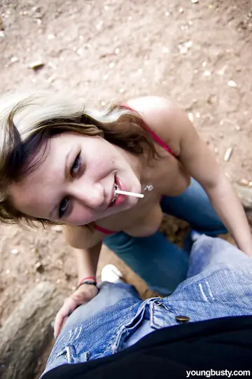 Busty Blonde Kneels for a Blowjob and a Facial Outdoors