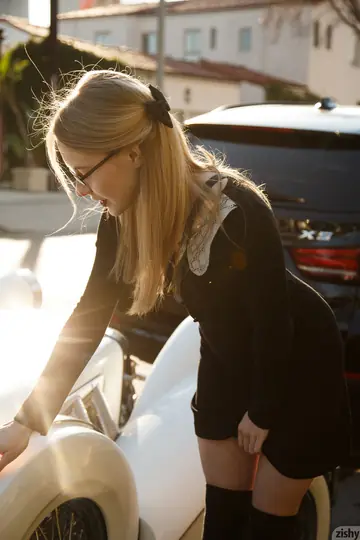 Freda Motten – Petite Blonde in Glasses Flashes Red Panties by a Car