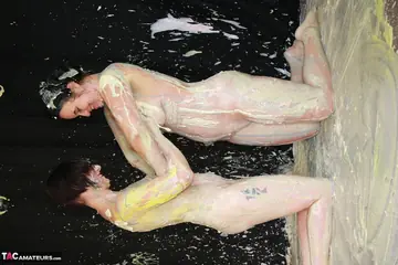 Brunette PAWG and Lesbian Lover Kiss and Rub Oil on Naked Bodies