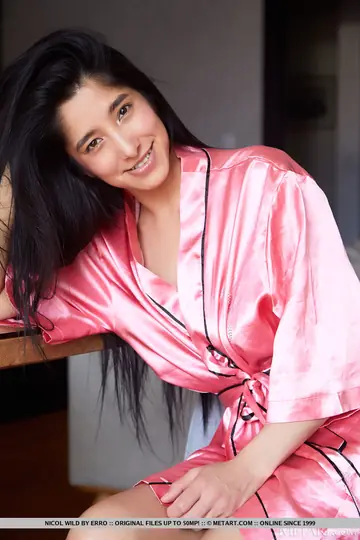 Wild Nicol – Brunette Strips Off Her Satin Robe and Spreads Her Shaved Pussy