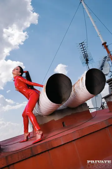 Slim Latina Kneels in Latex and Heels to Suck Two Cocks on the Rooftop