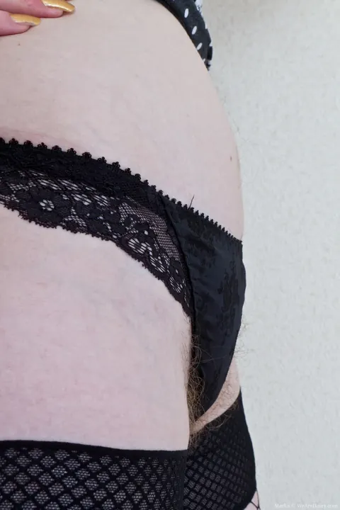 Slim Pale Blonde in Fishnet Spreads Her Hairy Pussy – photo 3 of 19