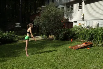 Aria Haze – Skinny Brunette in Shorts Masturbates with a Dildo Outdoors