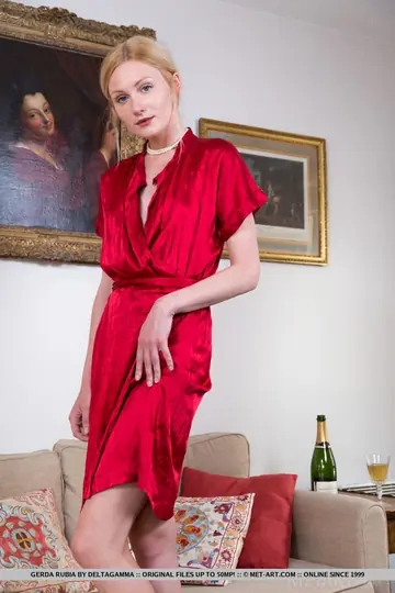 Gerda Rubia – Leggy Blonde Strips Out of Her Red Dress and Heels to Spread
