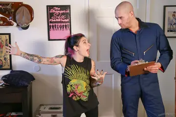 Sierra Cure – Tattooed Brunette in Pigtails and Socks Blows Her Partner and Rides His Cock