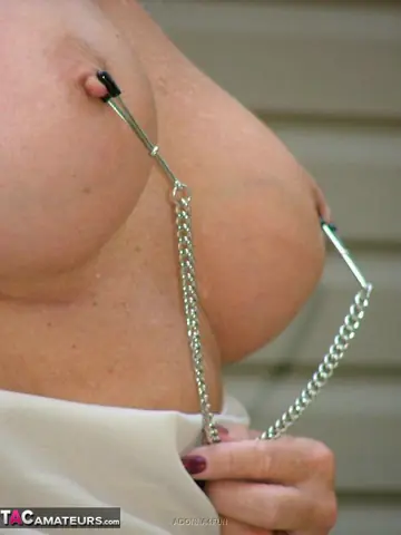 Mature BBW with Big Tits Spreads Her Pierced Pussy Outdoors