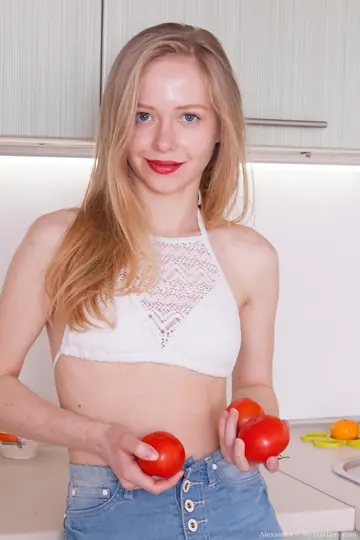 Pale Hairy Woman Fingers Her Bushy Pussy in the Kitchen