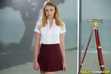Chloe Scott – Brunette Strips Out of Her Skirt and Spreads Her Pussy