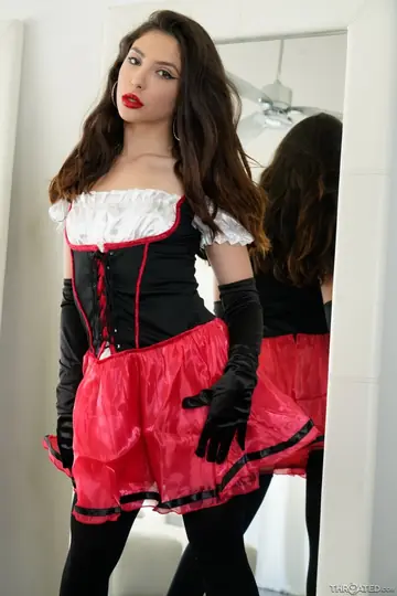 Tattooed Petite Brunette Gives a POV Blowjob in Costume