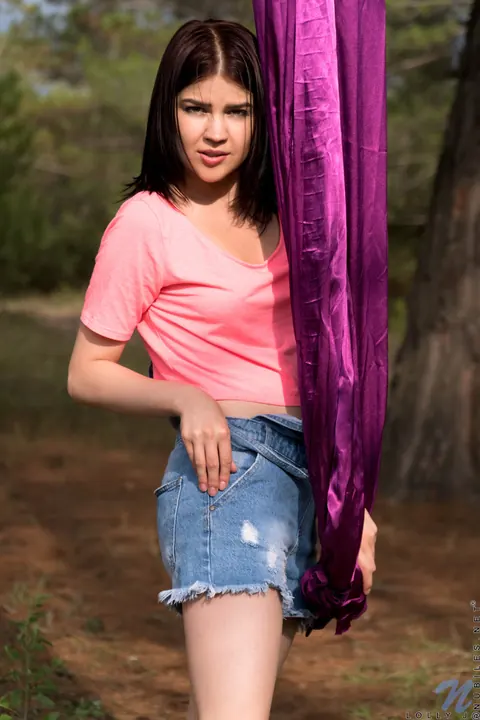 Lolly J: Brunette Strips Naked and Spreads on a Forest Swing – photo 2 of 16