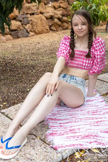 Woman in Pigtails Strips Off Her Shorts and Spreads on the Patio