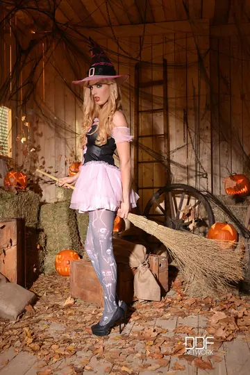 Hungarian Blonde with Big Tits Fingers Herself in a Witch Costume