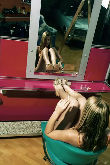 Skinny Blonde in Heels Strips and Spreads Her Trimmed Pussy