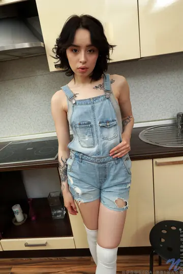 Korolina Beiman – Short-Haired Skinny Brunette Strips Nude in the Kitchen and Spreads