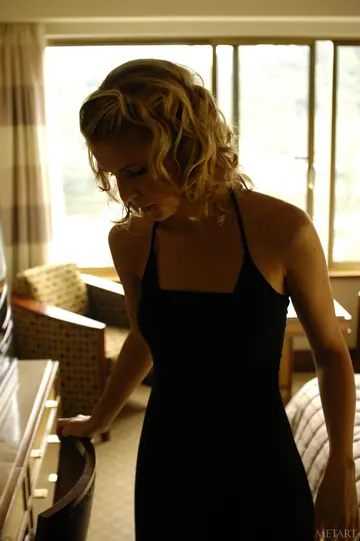 Curly Blonde in a Dress Spreads Her Legs