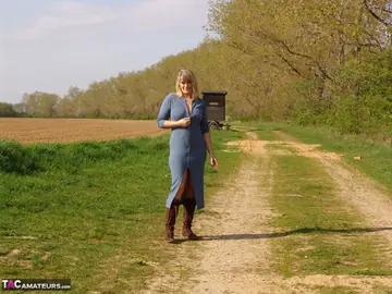 Thick Blonde MILF Strips Out of Her Panties in Boots Outdoors