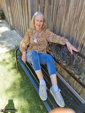 Hairy Mature Blonde Woman Spreads Outdoors in Jeans and Socks
