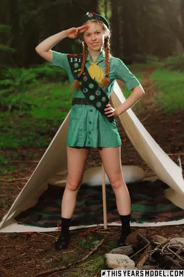 Pale Skinny Redhead in Pigtails Strips Out of Her Uniform Outdoors