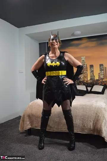 Mature Blonde with Big Tits Flashes in Leather Cosplay and Pantyhose