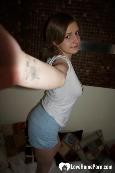 Amateur with Short Hair Shows Her Big Natural Tits in Panties and Shorts – photo 3 of 9