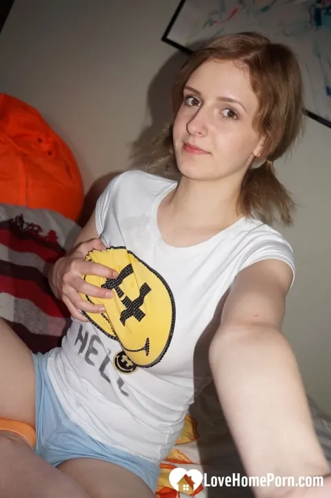 Amateur with Short Hair Shows Her Big Natural Tits in Panties and Shorts – photo 2 of 9