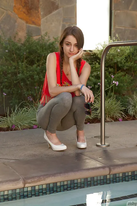 Willow Hayes: Pigtailed Brunette in Yoga Pants and Glasses Poses Outdoors – photo 6 of 11