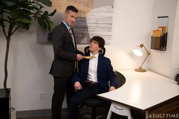 Two Curly Brunette Men Kiss and Fuck in the Office