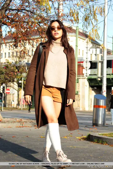 Olivia Linz – Thick Brunette Strips Out of Her Shorts and Stockings Outdoors