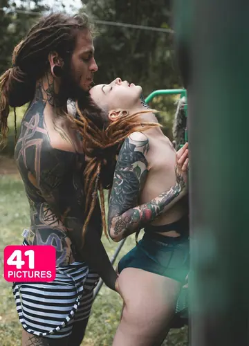 Tattooed Woman in Pigtails Fucks Outdoors in Lingerie