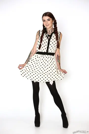 Adriana Angel – Skinny Brunette in Pigtails Peels Off Her Dress in Stockings and Heels