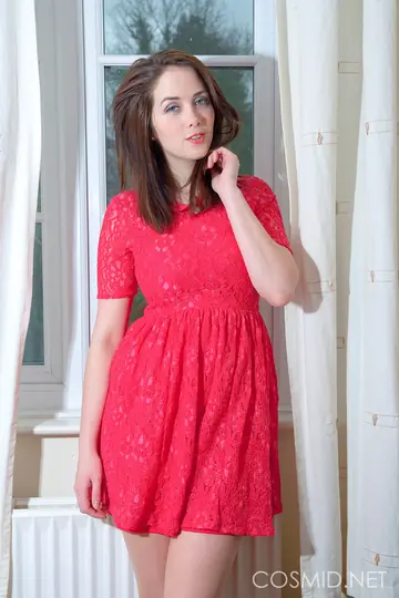 Elizabeth James – Brunette BBW Strips Out of Her Red Dress Showing Her Big Tits