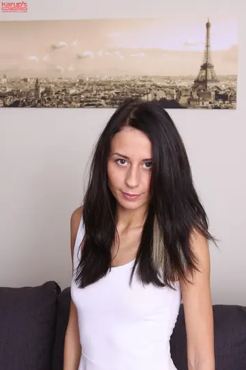Slim Brunette Strips and Spreads Her Trimmed Pussy