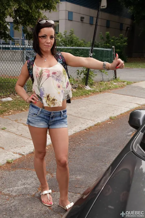 Shana Lane: Brunette with Glasses Flashes Her Tits Outdoors by a Car – photo 6 of 17