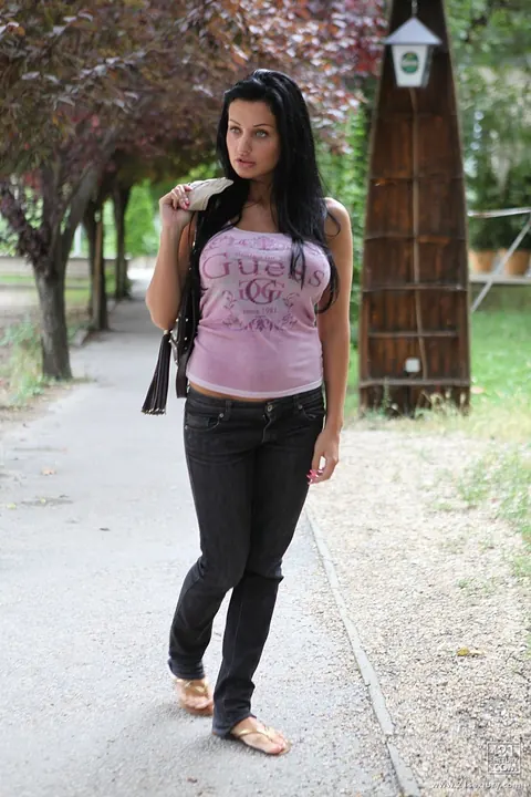 Aletta Ocean: Black-Haired Babe Flashes Her Huge Fake Tits Outdoors – photo 2 of 17