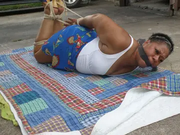 Mature Ebony BBW Hogtied and Cleave-Gagged Outdoors