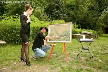 Monalee – Busty Brunette in Stockings Takes Anal in a Threesome on the Lawn