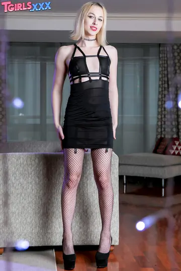Blonde Trans Woman in Stockings and Heels Poses Nude