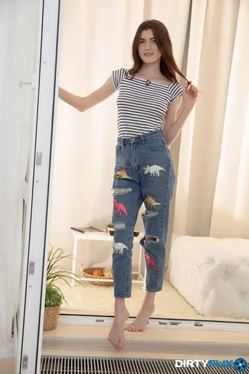 Brunette in Jeans Gives a Blowjob, Rides Cowgirl and Takes a Facial