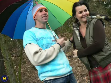 Busty MILF Takes Two Men Outdoors and in a Car