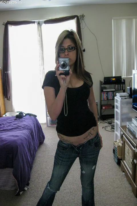 Breana: Brunette Latina in Glasses Strips for Mirror Selfie – photo 4 of 20