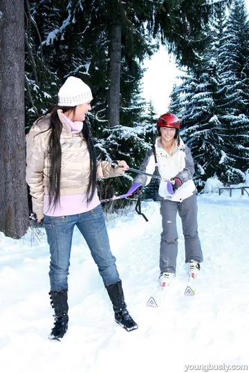 Tall Busty Lesbians Strip Off Their Jeans for Toy Sex in the Snow
