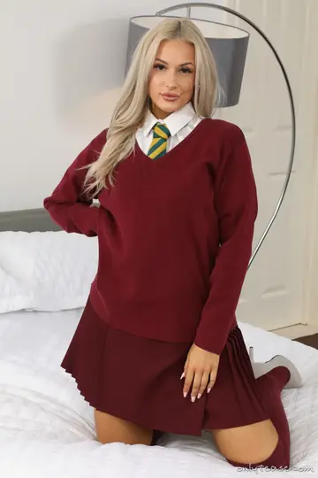 Thick Blonde Reveals White Panties Under Uniform Skirt