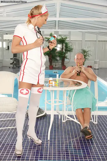 Nurse in Stockings and Heels Takes Anal Doggy Style by the Pool