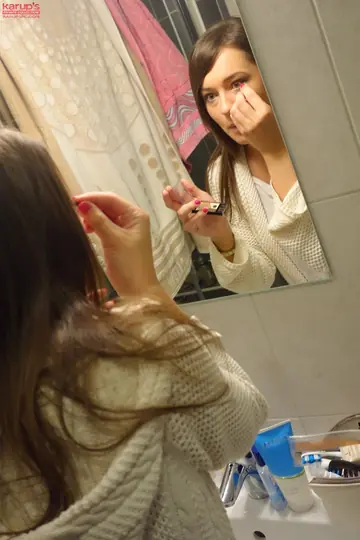 Hairy Brunette Undresses from Lingerie and Jeans in the Bathroom