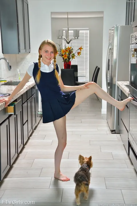 Charlotte Carmen: Petite Blonde in a Uniform Strips and Spreads Outdoors – photo 15 of 20