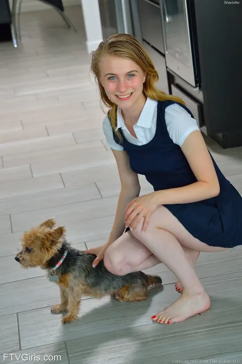 Charlotte Carmen: Petite Blonde in a Uniform Strips and Spreads Outdoors – photo 11 of 20