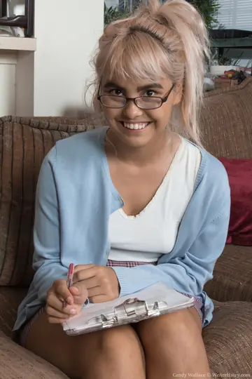 Candy Wallace – Hairy Blonde in Glasses and Skirt Spreads on the Sofa